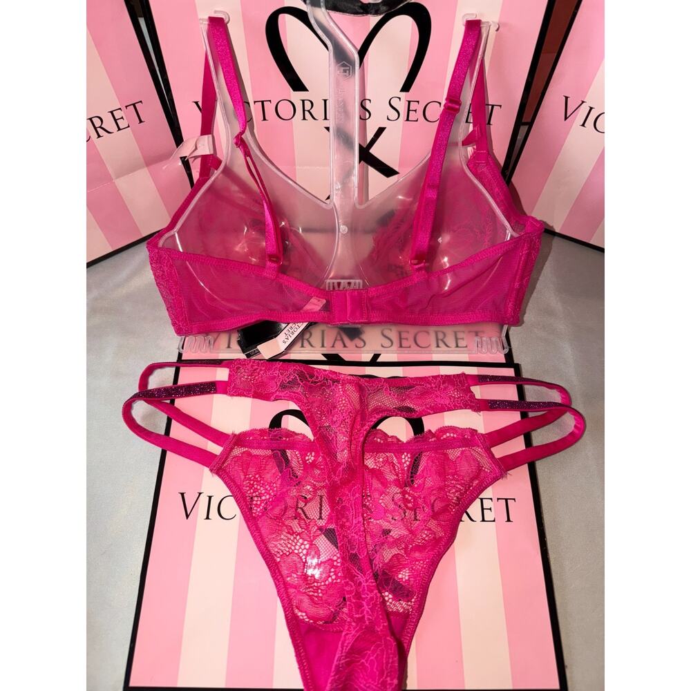 Victorias Secret Bra Very Sexy Bling Strap Set Pink Fusia 32B Small Thong - Picture 3 of 9
